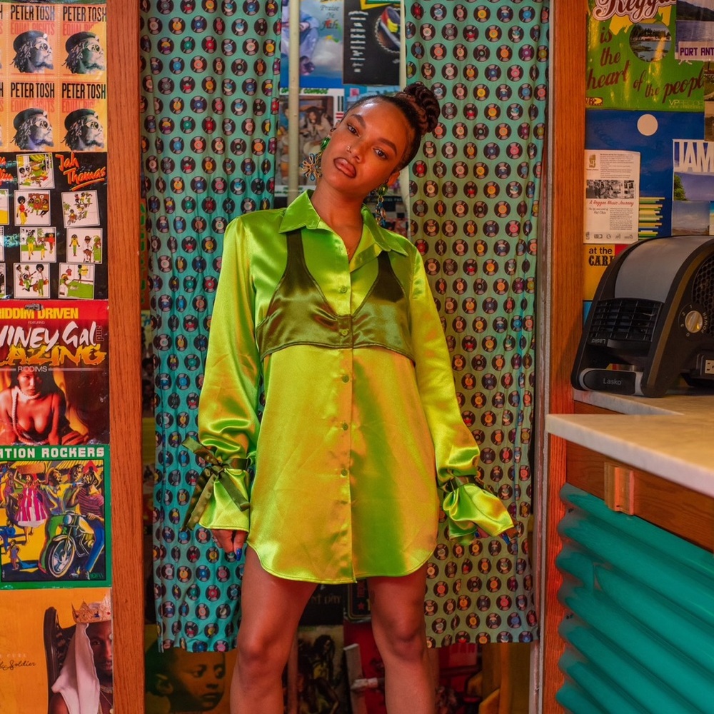 Sammy B Samantha Black Michelle Green Satin Button Down Mini Shirt Dress XS 🫒🍋‍🟩